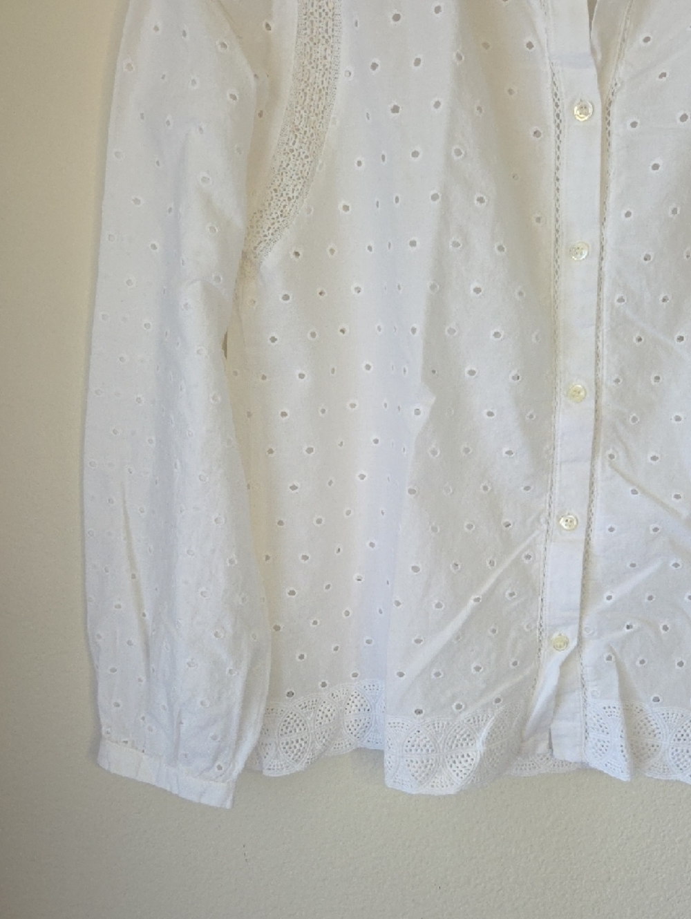 J. Crew White Eyelet Lace Trim Button Front Blouse 100% Cotton Sz 12 - Picture 5 of 13